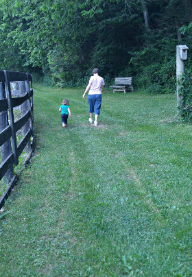 Grandmother and young granddaughter walking together on the path outside the grassy green paddocks.